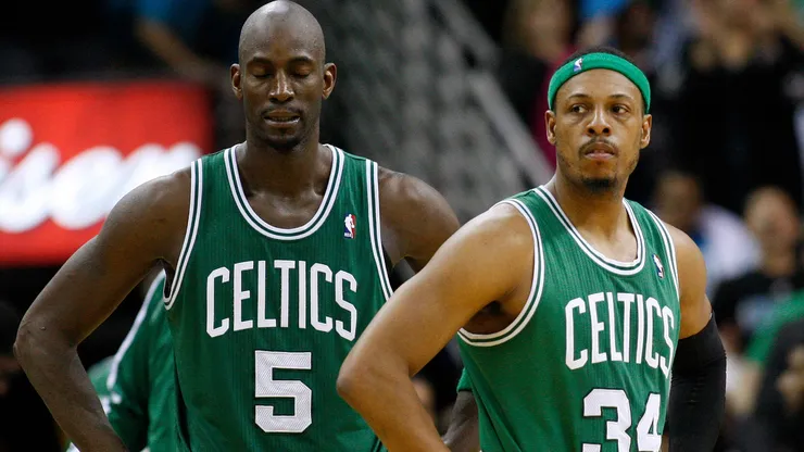 Boston Celtics center Kevin Garnett (5) and small forward Paul Pierce (34) react during the NBA basketball game between the New Orleans Hornets and the Boston Celtics at the New Orleans Arena.