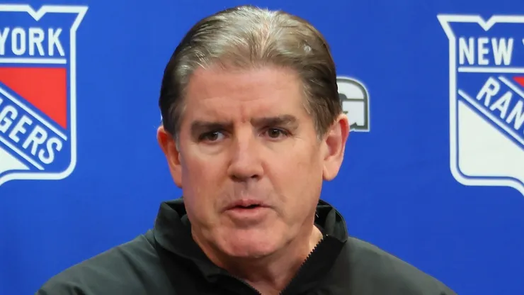 Head coach Peter Laviolette of the New York Rangers speaks with the media prior to the game against the Montreal Canadiens at Madison Square Garden on November 30, 2024 in New York City.