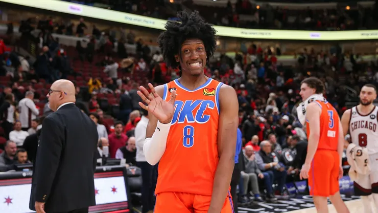 Oklahoma City Thunder Forward Jalen Williams (8) reacts after a NBA, Basketball Herren, USA game between the Oklahoma City Thunder and the Chicago Bulls on January 13, 2023 at the United Center in Chicago, IL.