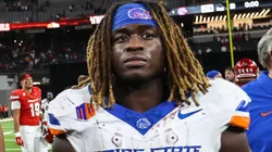 Boise State Broncos head coach Spencer Danielson (L) and Boise State Broncos running back Ashton Jeanty (2) (R) speak with a reporter at the conclusion of the college football game featuring the Boise State Broncos and the UNLV Rebels at Allegiant Stadium in Las Vegas, NV.