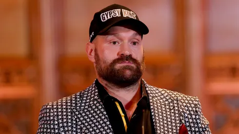 Tyson Fury looks on during the Usyk v Fury 2 Press Conference ahead of the IBO, WBC and WBO World Heavyweight titles' fight