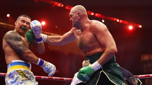 Tyson Fury punches Oleksandr Usyk during the IBF, WBA, WBC, WBO and Undisputed Heavyweight titles' fight between Tyson Fury and Oleksandr Usyk