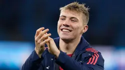 Rasmus Hojlund of Manchester United, ManU celebrates during the Premier League match at the Etihad Stadium, Manchester.