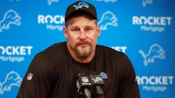 Head coach Dan Campbell of the Detroit Lions answers questions in a press interview after a Lions loss in a game between the Detroit Lions and the Buffalo Bills in Detroit, Michigan USA, on Sunday, December 15, 2024.