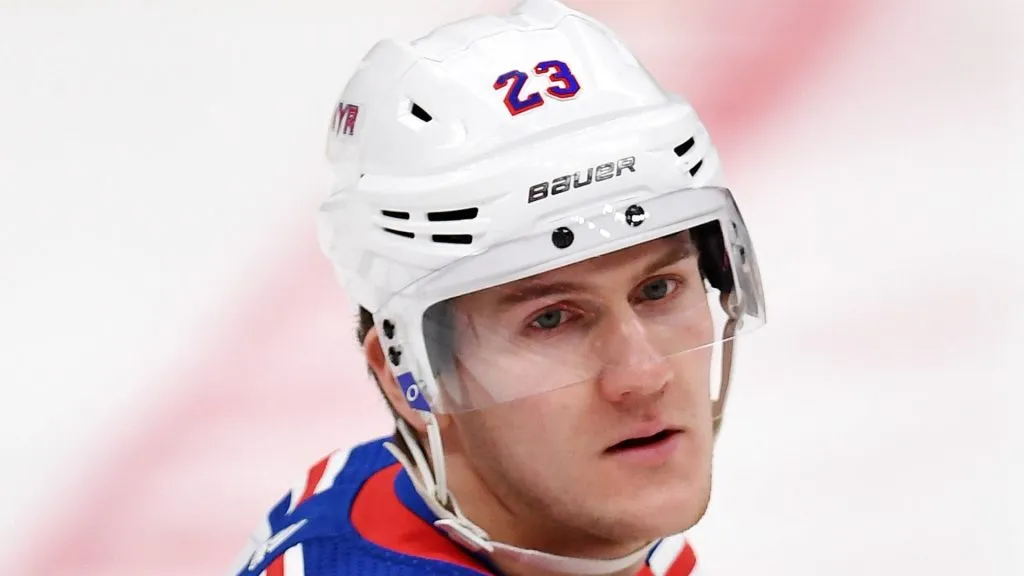New York Rangers defenseman Adam Fox (23) on the ice during warmups before a game against the Anaheim Ducks played on December 14, 2019 at the Honda Center in Anaheim, CA.
