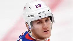 New York Rangers defenseman Adam Fox (23) on the ice during warmups before a game against the Anaheim Ducks played on December 14, 2019 at the Honda Center in Anaheim, CA.
