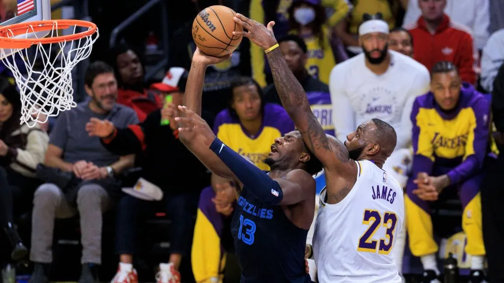 LeBron James 23 of the Los Angeles Lakers blocks Jaren Jackson Jr. 13 of the Memphis Grizzlies from scoring during their regular season game. (IMAGO / ZUMA Press Wire)