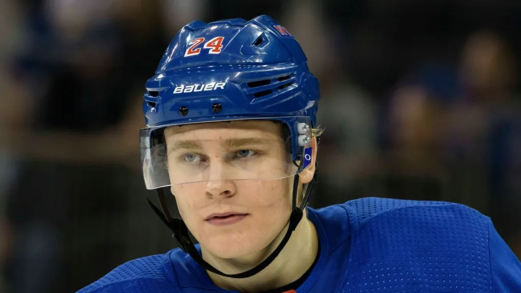 New York Rangers right wing Kaapo Kakko (24) waits for play to begin during the game between The New York Rangers and The New Jersey Devils at Madison Square Garden in Manhattan, New York.