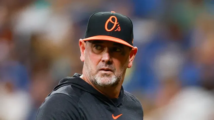 Manager Brandon Hyde #18 of the Baltimore Orioles looks on during the seventh inning against the Tampa Bay Rays at Tropicana Field on August 11, 2024 in St Petersburg, Florida.