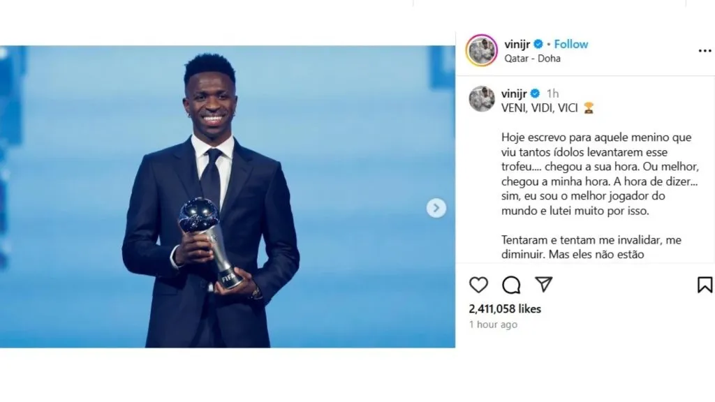 Vinicius Junior shares a message on social media after winning The Best award 2024.
