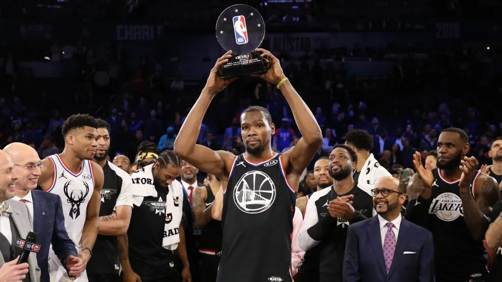 Kevin Durant #35 of Team LeBron celebrates with the MVP trophy after their 178-164 win over Team Giannis during the NBA All-Star at Spectrum Center on February 17, 2019 in Charlotte, North Carolina. 