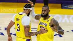 Los Angeles Lakers Anthony Davis 3 is greeted by LeBron James 23 after scoring against the Orlando Magic.