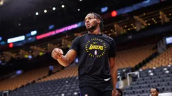 Bronny James #9 of the Los Angeles Lakers warms up ahead of their NBA game against the Toronto Raptors at Scotiabank Arena.