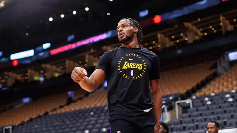Bronny James #9 of the Los Angeles Lakers warms up ahead of their NBA game against the Toronto Raptors at Scotiabank Arena.