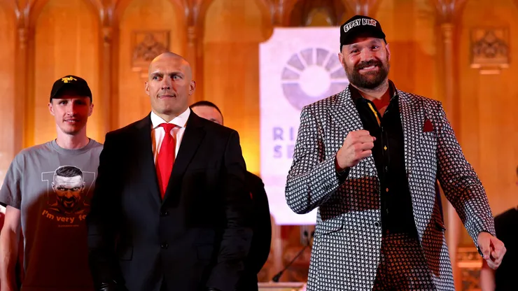 Tyson Fury and Oleksandr Usyk at press conference ahead their rematch