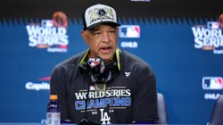 Manager Dave Roberts #30 of the Los Angeles Dodgers talks to the media after the Dodgers defeated the New York Yankees 7-6 in game 5 to win the 2024 World Series at Yankee Stadium on October 30, 2024 in the Bronx borough of New York City.