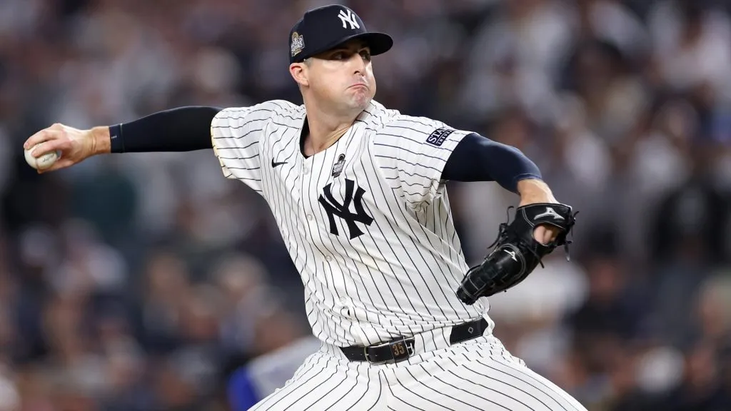 Clay Holmes #35 of the New York Yankees pitches during the seventh inning of Game Five of the 2024 World Series against the Los Angeles Dodgers at Yankee Stadium on October 30, 2024 in the Bronx borough of New York City. (Photo by Sarah Stier/Getty Images)
