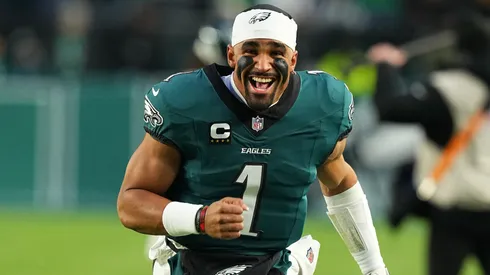 Jalen Hurts #1 of the Philadelphia Eagles reacts before the game against the Pittsburgh Steelers at Lincoln Financial Field on December 15, 2024.