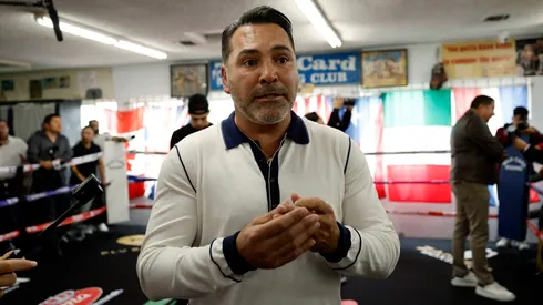 Promoter Oscar De La Hoya speaks during a media workout of boxer Jaime Munguia at Wild Card Boxing Club on April 23, 2024 in Los Angeles, California.