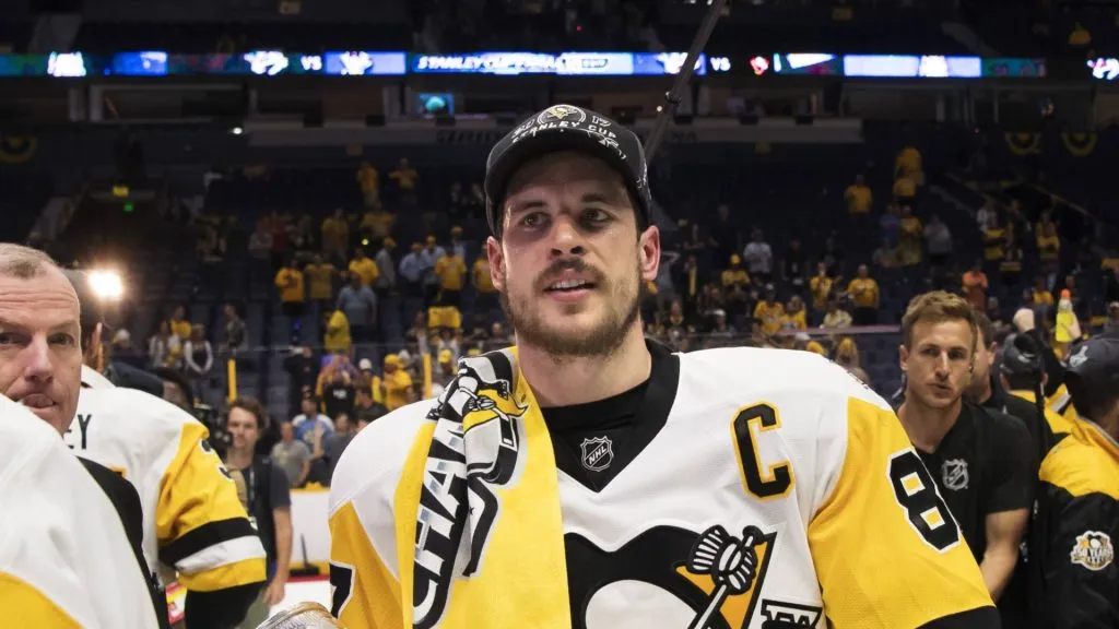 Sidney Crosby (87) of the Pittsburgh Penguins celebrates the Stanley Cup Final victory over the Nashville Predators on June 11 2017