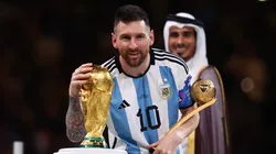 Lionel Messi with the World Cup trophy after winning Qatar 2022
