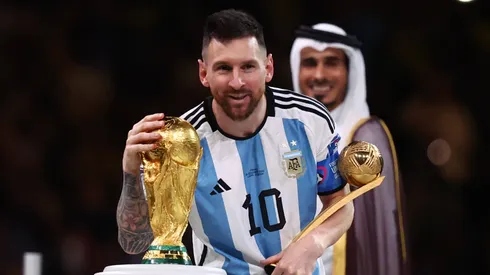 Lionel Messi with the World Cup trophy after winning Qatar 2022
