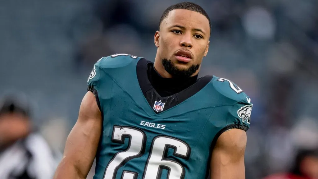 Eagles running back Saquon Barkley before the NFL football matchup between the Pittsburgh Steelers and the Philadelphia Eagles on December, 2024. (Source: IMAGO / Newscom World)