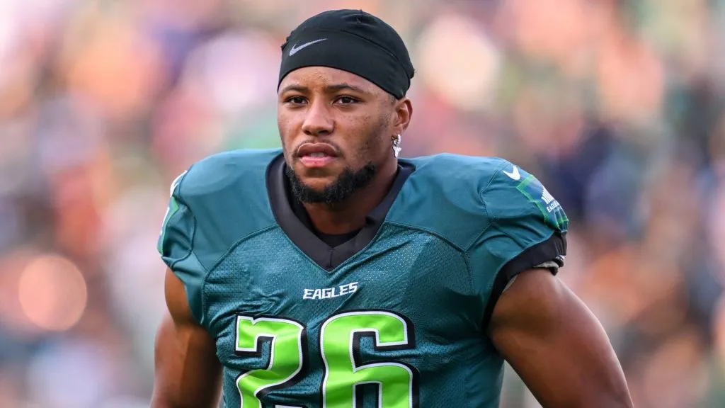 Philadelphia Eagles running back Saquon Barkley looks on during Eagles training camp on August 1, 2024. (Source: IMAGO / Icon Sportswire)