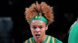 Hannah Hidalgo (3) reacts to a play against the UConn Huskies.