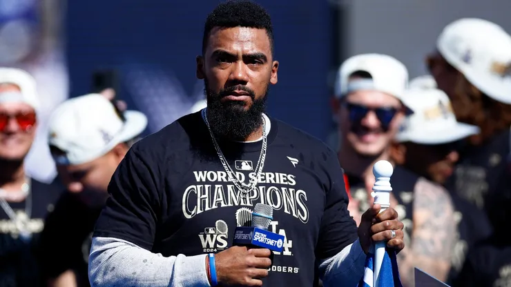 Teoscar Hernandez #37 of the Los Angeles Dodgers celebrates during the 2024 World Series Celebration Show at Dodger Stadium in Los Angeles, California.