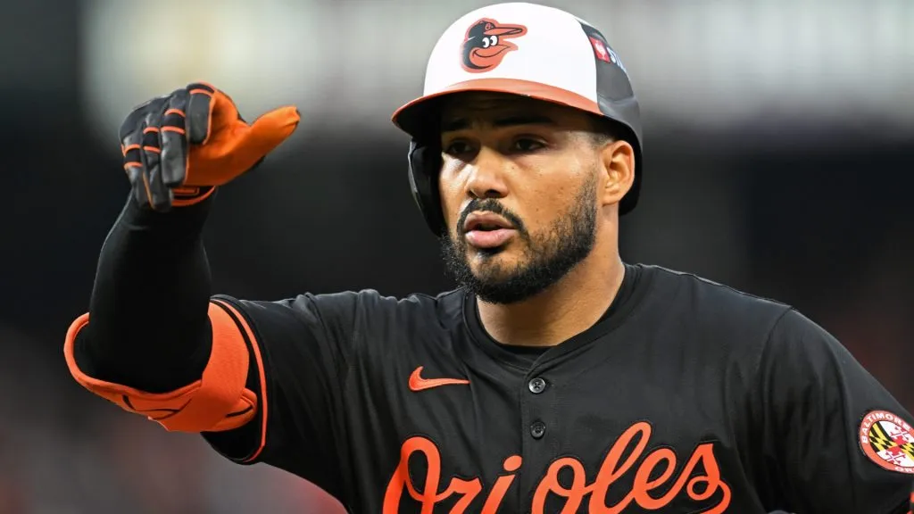 Anthony Santander #25 of the Baltimore Orioles reacts after hitting a single against the Kansas City Royals during the fourth inning of Game Two of the Wild Card Series at Oriole Park at Camden Yards. (Photo by Greg Fiume/Getty Images)