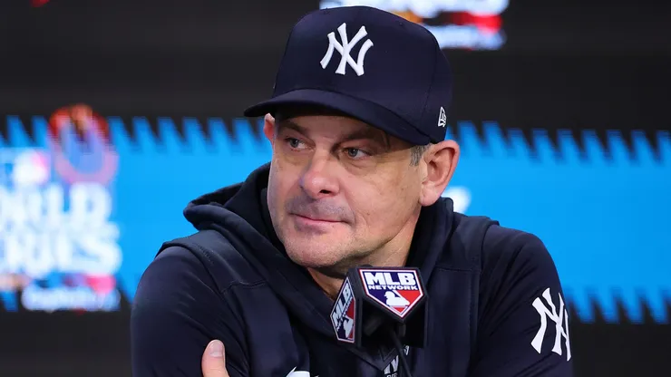 Manager Aaron Boone #17 of the New York Yankees talks to the media after the Los Angeles Dodgers defeated the New York Yankees 7-6 in game 5 to win the 2024 World Series at Yankee Stadium on October 30, 2024 in the Bronx borough of New York City.