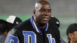 Earvin "Magic" Johnson celebrates with the Los Angeles Dodgers after defeating the New York Yankees during Game Five of the 2024 World Series.