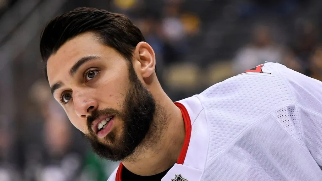 Former Carolina Hurricanes Center Vincent Trocheck (16) warms up before the game between the Pittsburgh Penguins and the Carolina Hurricanes on March 8, 2020, at PPG Paints Arena in Pittsburgh, PA.