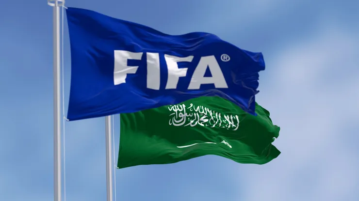 FIFA and Saudi Arabian flags waving in the wind, Zurich, CH, Nov. 4 2023.