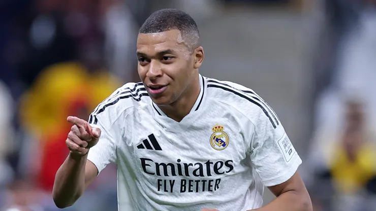 Kylian Mbappe of Real Madrid celebrates scoring against Pachuca