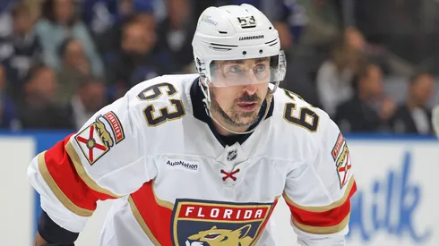 Brad Marchand #63 of the Florida Panthers waits for a faceoff against the Toronto Maple Leafs during the third period in Game Seven of the Second Round of the 2025 Stanley Cup Playoffs.