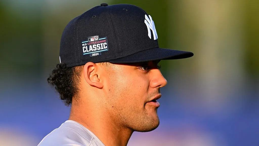A detailed view is seen of the Little League Classic logo on the hat of Jason Dominguez #89 of the New York Yankees prior to the game against the Detroit Tigers at Bowman Field on August 18, 2024 in South Williamsport, Pennsylvania. (Photo by Joe Sargent/Getty Images)