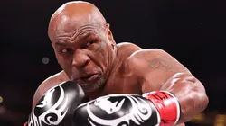 Mike Tyson in action against Jake Paul during LIVE On Netflix: Jake Paul vs. Mike Tyson at AT&T Stadium on November 15, 2024 in Arlington, Texas.