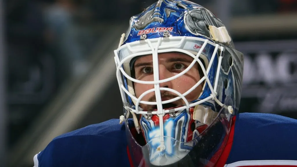 Igor Shesterkin #31 of the New York Rangers defends the net against the New York Islanders at UBS Arena on October 04, 2024. (Source: Bruce Bennett/Getty Images)