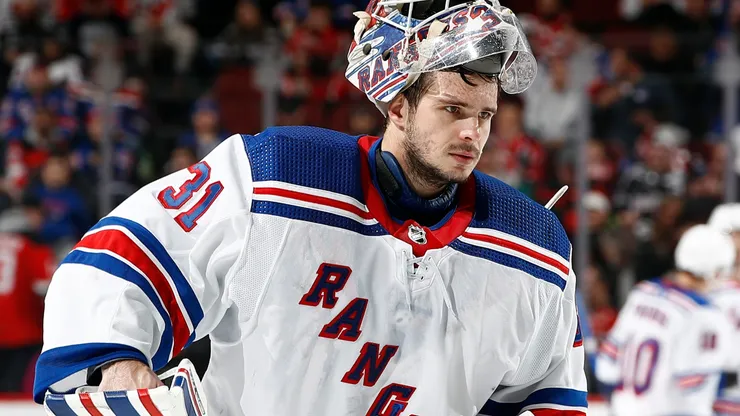 Igor Shesterkin #31 of the New York Rangers looks on during the second period against the New Jersey Devils at Prudential Center on February 22, 2024.