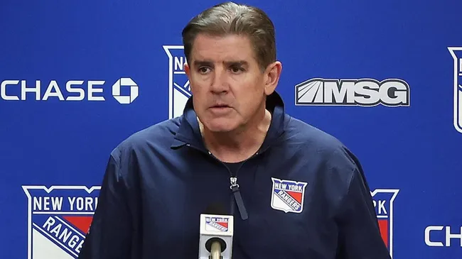 Head coach Peter Laviolette of the New York Rangers speaks with the media prior to the game against the New York Islanders at Madison Square Garden on March 17, 2024. (Source: Bruce Bennett/Getty Images)