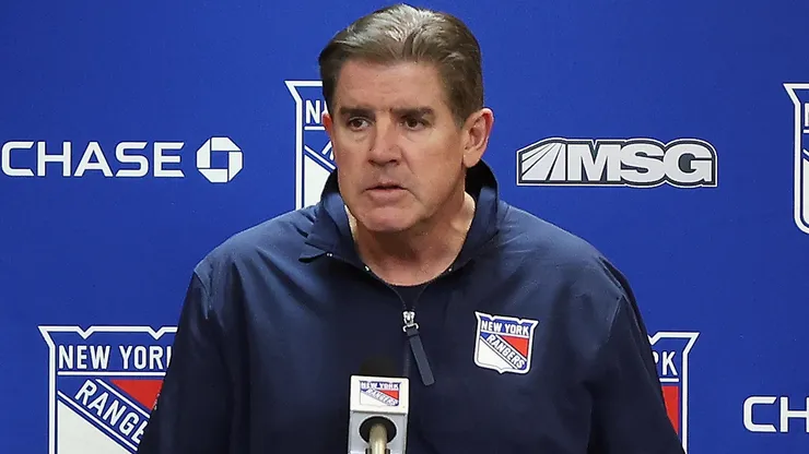 Head coach Peter Laviolette of the New York Rangers speaks with the media at Madison Square Garden in New York City.