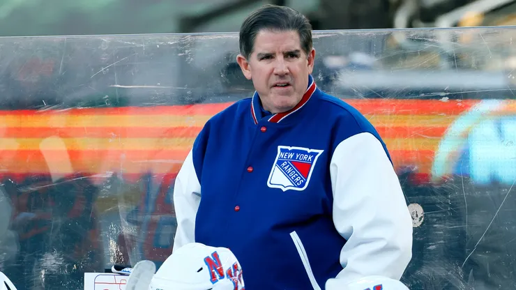 Head coach Peter Laviolette of the New York Rangers looks on against the New York Islanders during the first period during the 2024 Navy Federal Credit Union Stadium Series.