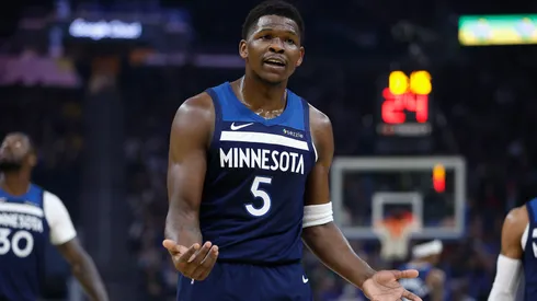Anthony Edwards #5 of the Minnesota Timberwolves reacts after receiving a technical foul in the first quarter against the Golden State Warriors at Chase Center.