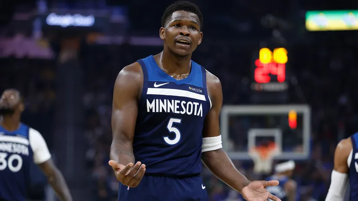 Anthony Edwards #5 of the Minnesota Timberwolves reacts after receiving a technical foul in the first quarter against the Golden State Warriors at Chase Center.