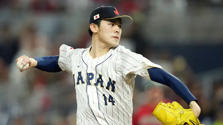 Roki Sasaki #14 of Team Japan pitches in the first inning against Team Mexico during the World Baseball Classic Semifinals at loanDepot park on March 20, 2023 in Miami, Florida.