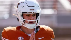 Arch Manning 16 of the Texas Longhorns during pre game warmups vs the Mississippi State Bulldogs at DKR-Memorial Stadium.