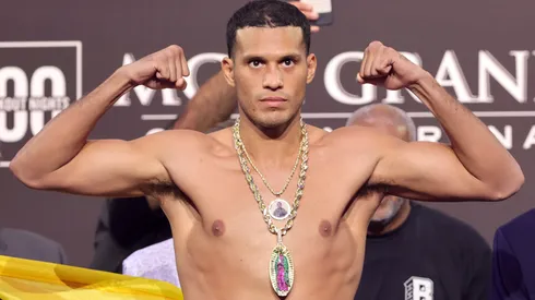 Light heavyweight boxer David Benavidez poses on the scale during an official weigh-in at MGM Grand Garden Arena on June 14, 2024 in Las Vegas, Nevada.