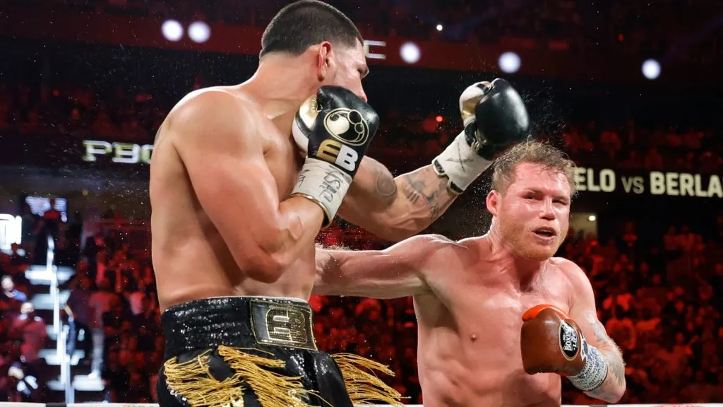 WBC/WBA/WBO super middleweight champion Canelo Alvarez (R) punches Edgar Berlanga during the 12th round of a title fight at T-Mobile Arena on September 14, 2024 in Las Vegas, Nevada. (Photo by Steve Marcus/Getty Images)
